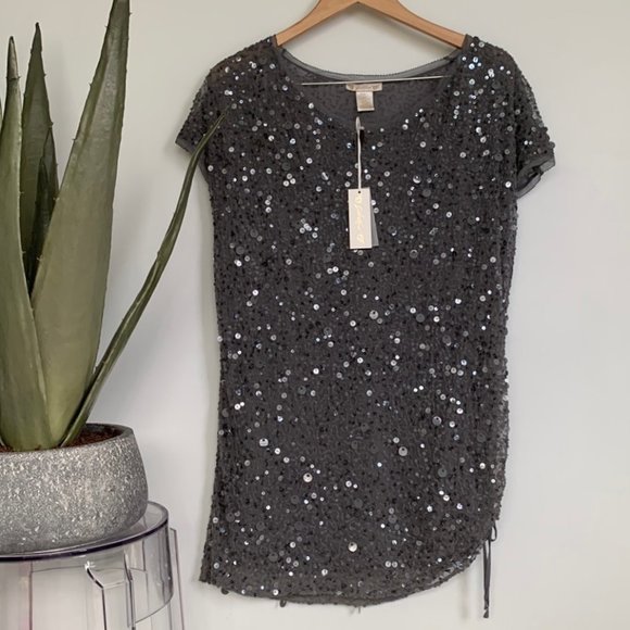 Gold Hawk Sequin Silk Renoir Tunic Grey Large - Picture 1 of 8